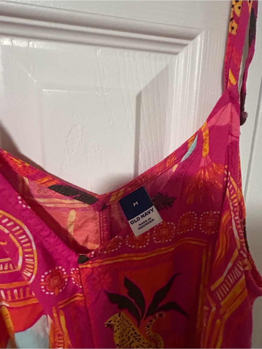 🐆 Bright Pink orange Tropical palm cheetah Print Wide-Leg Jumpsuit tie straps - Picture 5 of 8